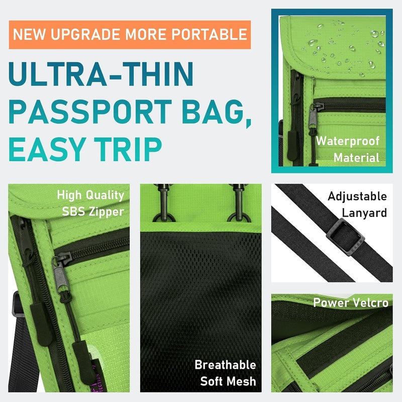 Sundee Travel Neck Wallet with Double Zippers, RFID Blocking Passport Holder with Adjustable Neck Strap for Men and Women to Keep Cash, Credit Cards and Travel Documents Safe - Grass Green - Image 3